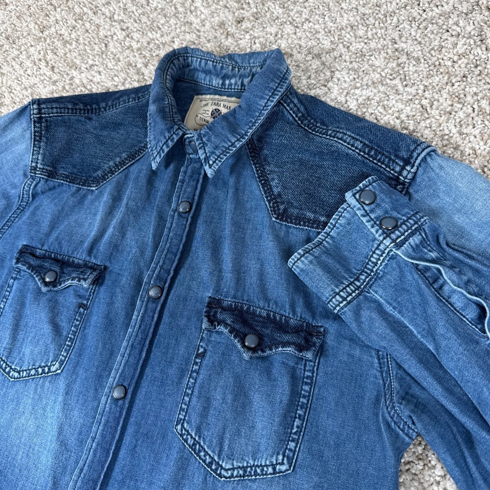 Zara Man Shirt Mens Medium Blue Denim Western Snap Slim Fit Two Tone Long Sleeve